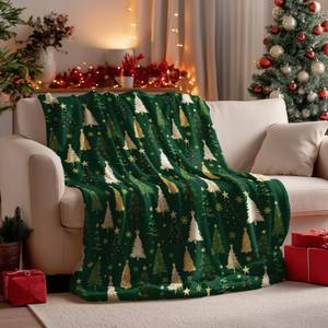 lot 79017 image: Horaldaily Christmas Green Tree Sherpa Throw Blanket 50x60