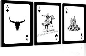 lot 79033 image: 3Pcs Western Cowboy Wall Art Retro Western Playing Card Wall Decor Framed