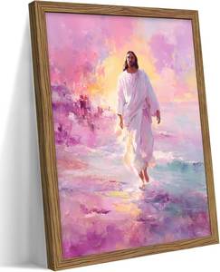 lot 79038 image: Framed Pink Jesus Wall Art Gifts for Christian, Jesus Walking On Water Canvas Prints, Savior Christian Wall Decor, Inspiring Religious Belief Artwork Decor for Prayer Room   12x16in