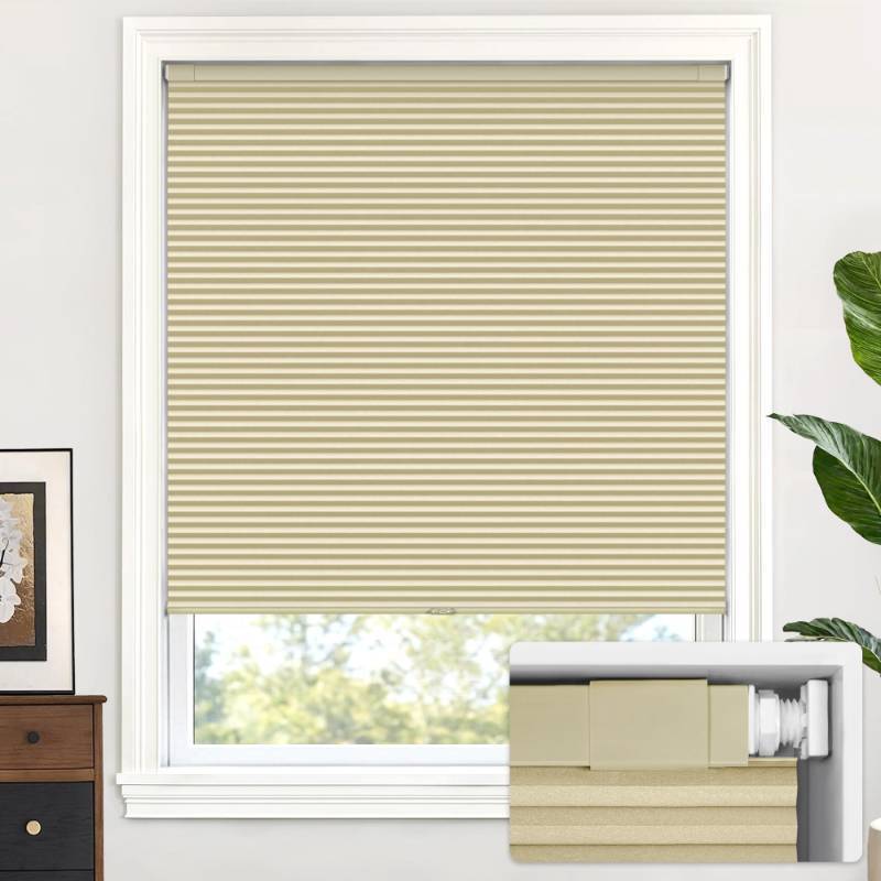 lot 38765 image: LazBlinds No Drill Cordless Cellular Shades, 20 12 W � 48 H, Soft Cream - Retail $40
