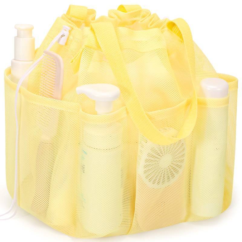 lot 43435 image: Mesh Shower Caddy Portable with Drawstring, Dorm Room Essentials for College Students Girls & Boys, Large Shower Bag for Camping, Swimming, Gym, Travel, Bathroom - Yellow - Retail $9