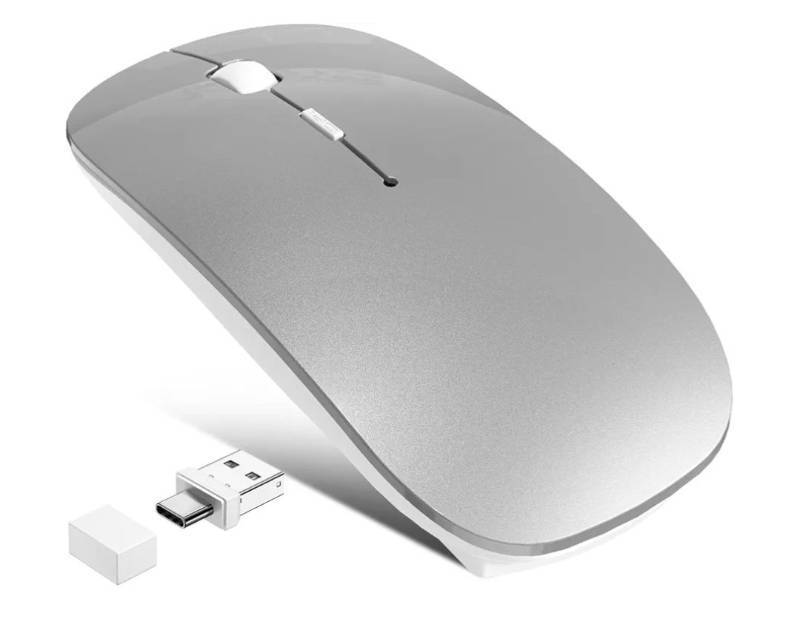 lot 36919 image: Wireless Mouse for MacBook Air iPad Pro Mac PC, Slim Bluetooth Rechargeable Computer Mice, 2 Mode Bluetooth 5.23.0 & 2.4G USB Type-C Receiver Optical Jiggler Mouse for Keep Computer Awake Grey - Retail $20