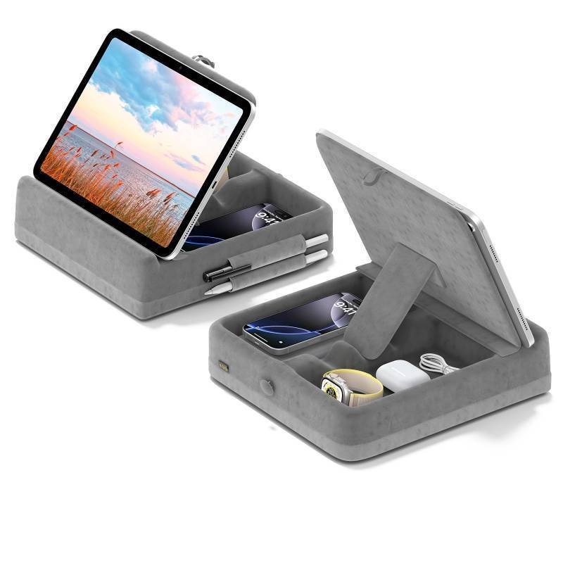 lot 51960 image: Tablet Pillow Stand with Storage, Foldable Ipad Holder for Bed, Lap and Desk, Angle Adjustable Soft Pad Dock with Stylus Mount Compatible with Ipad Pro 12.9, 10.5, 11, Air, Mini, Phones, Books( zip is not working)