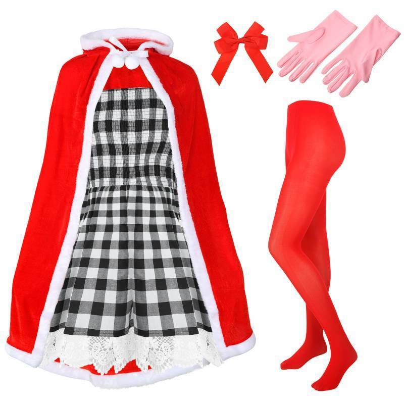 lot 34827 image: Set of 5 Pcs Christmas Costume for Women Christmas Gingham Dresses Velvet Hooded Cape Tights Gloves Bow for Girl (Medium) - Retail $43