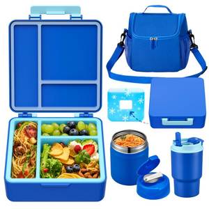 lot 29141 image: Bento Lunch Box for Kids with 17oz Soup Thermo,Insulated Tumbler Water Bottle and Insulated Lunch Bag,Leak-Proof 3 Compartment Lunch Food Container. ZIPPER MALFUNCTION AND MISSING ICEPACK. - Retail $34