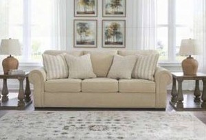 lot 21213 image: Signature Design by Ashley Lerason Sofa Cream Upholstered w Rolled Arms  Retail $649