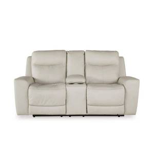 lot 21216 image: Cream Leather Power Reclining Loveseat w Console- Retail $973