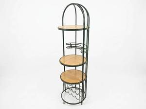 lot 25526 image: Metal wine Stand with Wood Shelves and Wire Basket
