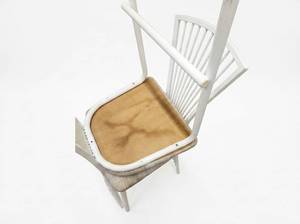 lot 25551 image: White Dining Chairs w Vertical Slat Back & Beige Seat