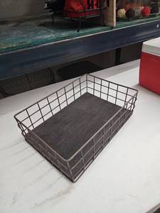 lot 62840 image: Metal Wire Storage Basket with Dark Wood Base