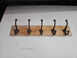 lot 62843 image: Wooden Coat Rack with Cast Iron Hooks - 5 Hook Wall Mount