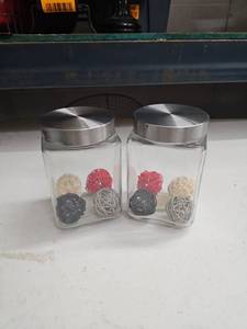 lot 62851 image: Glass Storage Jars w Metal Lids & Woven Balls