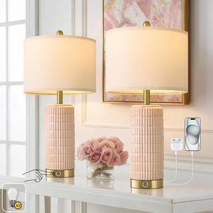 lot 5001 image: PoKat 25 Table Lamps, 3-Way Dimmable Touch, USB AC Ports, Ceramic Pink