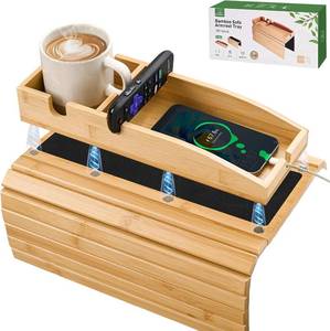 lot 5035 image: Joy&Grace Couch Cup Holder, 3-in-1 Magnetic Detachable Tray, Bamboo Armrest