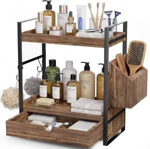 lot 5056 image: Kottwca 2-Tier Bathroom Counter Organizer with Drawer, Wooden Vanity Shelf