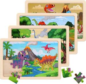lot 5175 image: Wooden Dinosaur Puzzles for Kids 3-5, Set of 4, 20-Piece Jigsaws