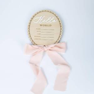 lot 5177 image: Baby Announcement Sign 6.5-Inch Wooden Hello World Newborn Welcome Sign Pink