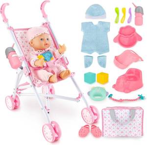 lot 5187 image: deAO Baby Doll Stroller Set for Toddlers Girls Ages 3 with 13 inch Doll
