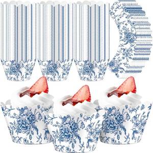 lot 5296 image: Domensi 100 Pcs Blue Floral Cupcake Wrappers & Rustic Baking Liners, Blue