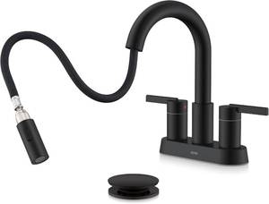 lot 5394 image: KENES Matte Black Centerset Pull Out Bathroom Faucet 4 Inch 2 Handle 3 Hole