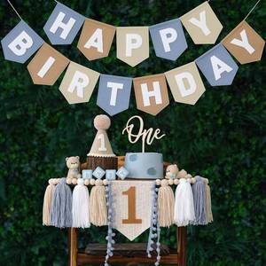lot 5410 image: DCJHFJ First Birthday Banner for Boy Felt Khaki Blue Pre-Strung 1st