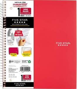 lot 5488 image: Five Star Spiral Notebook, 1 Subject, Wide Ruled, 10-12 x 8, 100 Sheets