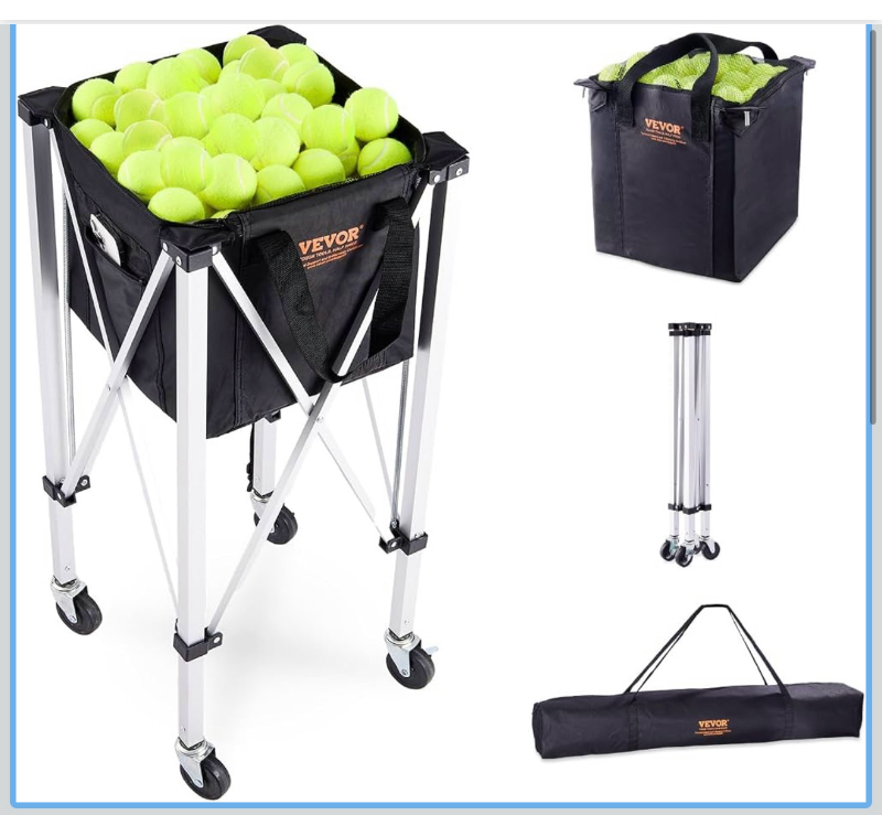 lot 336 image: VEVORFoldable Tennis Ball Hopper, Holds 150-180 Tennis Balls, Lightweight Aluminum Alloy Tennis Ball Basket Cart with Wheels for Tennis Player Retail $69&nbsp