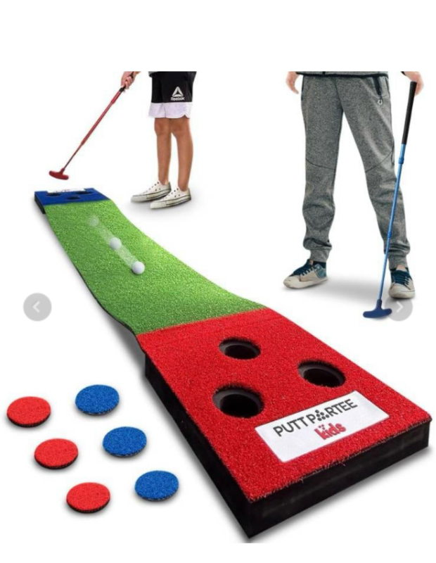 lot 522 image: Putt Partee Kids Foldable Putting Mat Golf Set with 2 Putters 6 Hole Covers - Retail $70