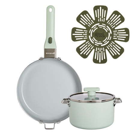 lot 420 image: GoodCook 9.5in Frypan & 2qt Sauce Pan Ceramic Nonstick Cookware Set with 1 Removable Handle  5pc - Sage Green Retail $100 - Retail $100