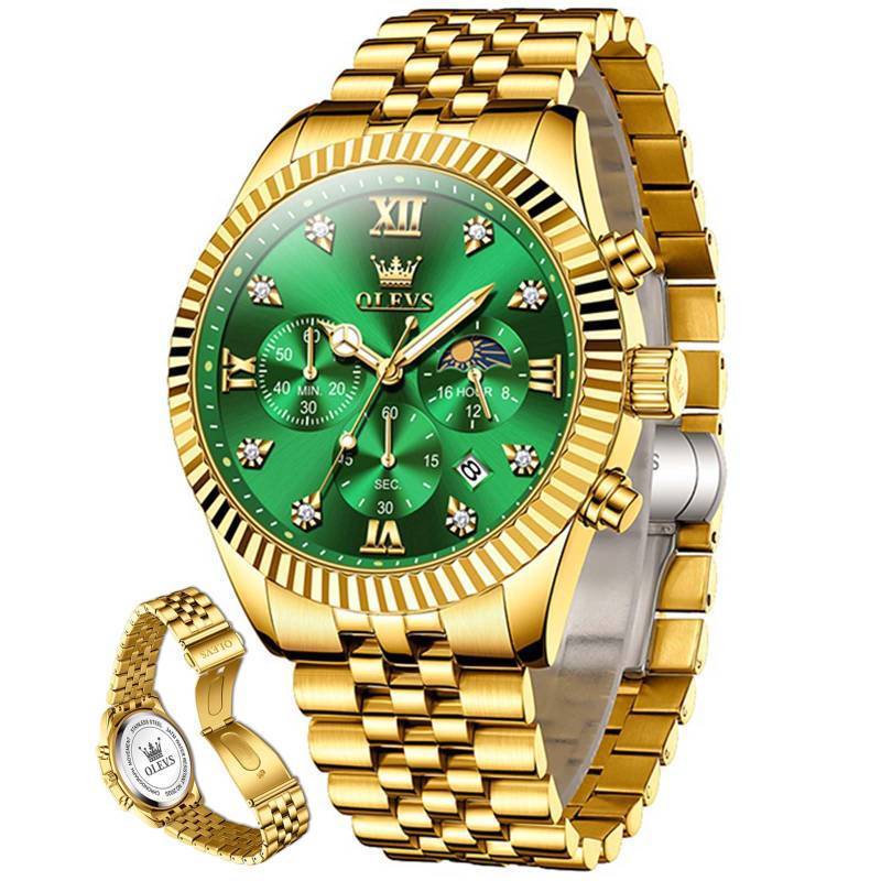 lot 493 image: OLEVS Gold Watches for Men Luxury Dress Green Face Stainless Steel Watch Retail 145&nbsp