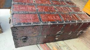 lot 637 image: Steamer Trunk with Hotel Labels and Leather Handles