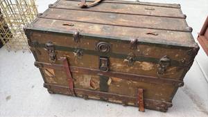 Steamer Trunk with Wood Slat Top and Metal Bands
