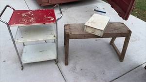 lot 651 image: 3-Tier Rolling Metal Cart, Wood Bench, and Single-Drawer Wood Box �� Lot of 3