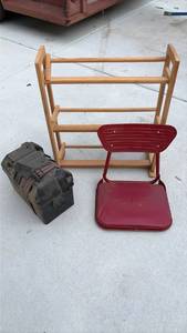 lot 652 image: Lot Wood Shelf Unit Red Folding Chair Black plastic tool box