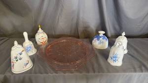 lot 704 image: Pink Depression Glass Cake Platter & Bells - see picture for Chip on platter