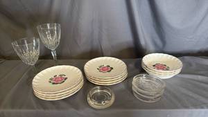 lot 712 image: Rose 5 Plates, Bowls And Glass Coasters and wine glasses