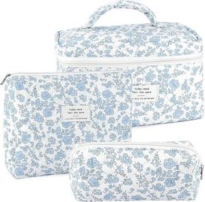 lot 79117 image: URSKYTOUS 3Pcs Makeup Bag Quilted Cosmetic Bag Set Bow Travel Large Makeup Pouch for Women Cute Portable Cotton Toiletry Bag Skincare Organizer Coquette Vintage Travel Essential