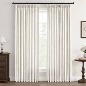 lot 79122 image: Natural Pinch Pleated Linen Curtains 84 Inch Long 2 Panels for Living Room Bedroom Country Farmhouse Thick Linen Textured Semi Sheer Back Tab Pinch Pleat Hooks Rings Window Curtain Birch Cream 7 FT