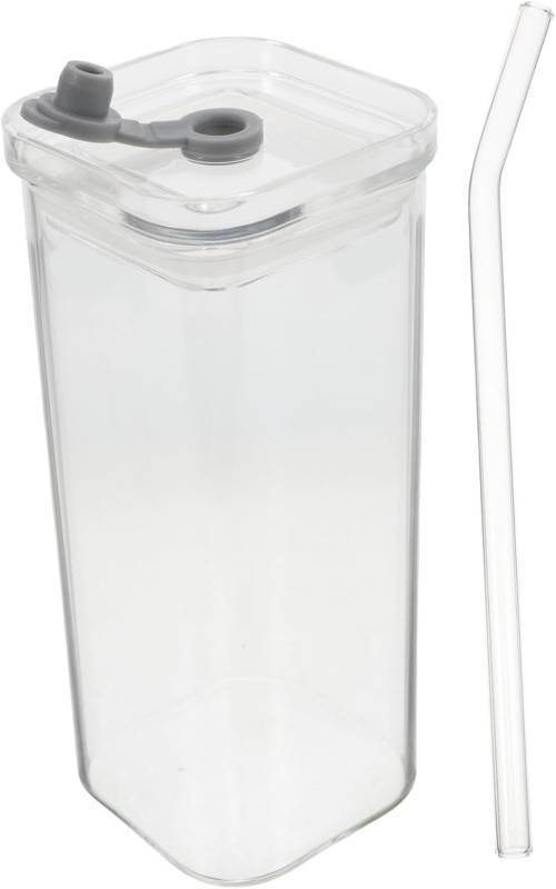 lot 29967 image: Square Glass Milk Cup 350ml Glass Drinking Cup with Lid Straw Juice for Cold Drinks Glassware for Home