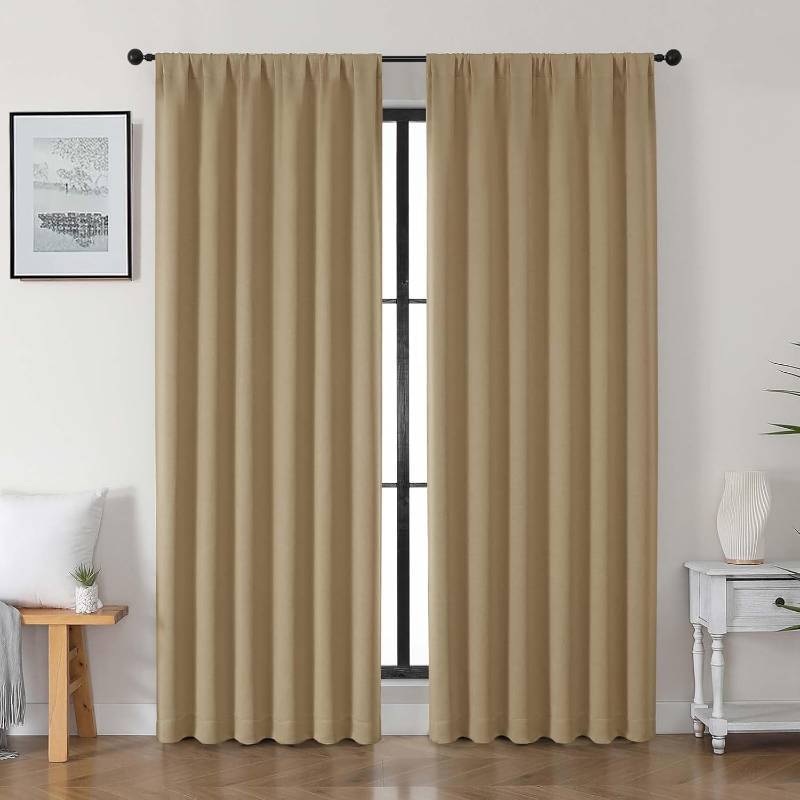 lot 40066 image: Gwine Taupe Blackout Curtains for Bedroom 84 inches Long 2 Panels Set, Solid Noise Reducing Thermal Insulated Blackout Curtains for Living Room with Rod Pocket, Each 50 Wx84 L