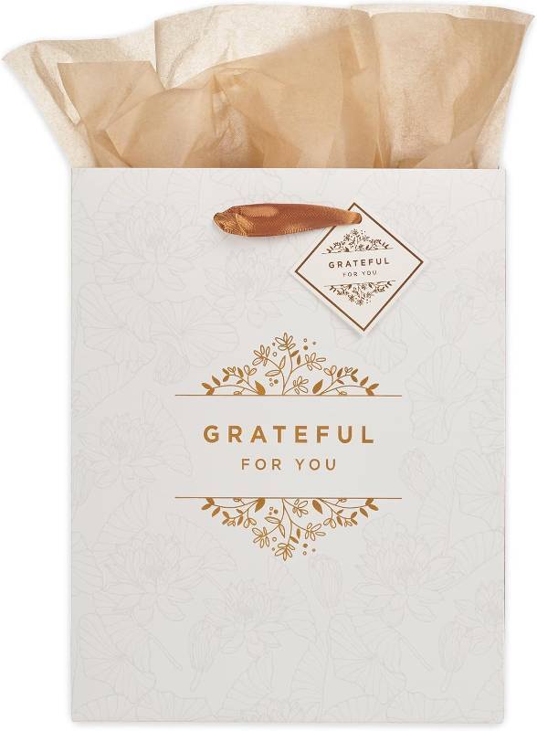 lot 40021 image: Christian Art Gifts Medium Gift Bag with Tissue Paper, Grateful for You  White Floral with Golden Foil, Medium Size 9.7 x 7.7 x 4.1, Ribbon Handles, Thank You Gifts, Thinking of You Gift