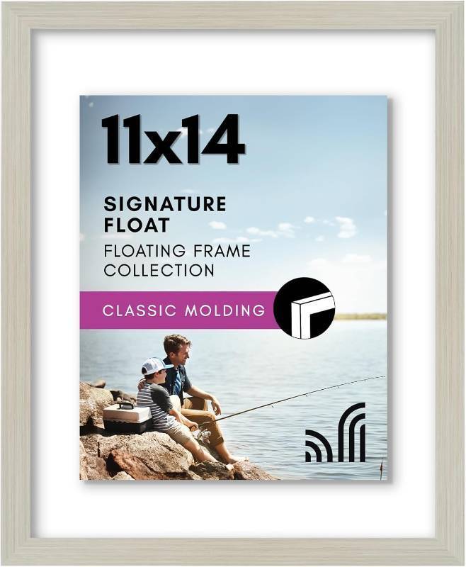 lot 19411 image: Americanflat 11x14 Floating Picture Frame with Polished Crystal-Clear Glass - Use as 8x10 Picture Frame or Display 5x7 Photo - Signature Float Collection - Photo Frames for Wall Display - Light Wood