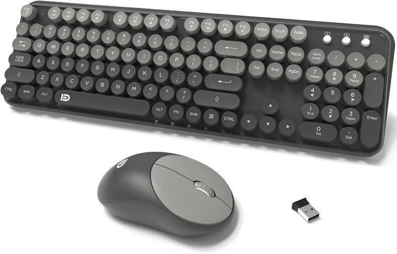 lot 17076 image: Wireless Keyboard and Mouse Combo, 104 Round Keys Cute Colorful Cordless Keyboard and Mouse with Retro Typewriter Black