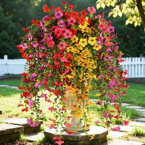 lot 79314 image: 6 Bundles Artificial Flowers for Outdoors, UV Resistant Fake Hanging Flower, Realistic Silk Flowers for Indoor Outside Garden Patio Balcony Farmhouse Porch (Fuchsia, Red, Purple, Yellow)