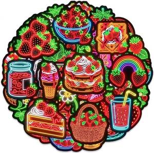 lot 79343 image: 100 Pcs Strawberry Neon Waterproof Vinyl Stickers for Water Bottle, Strawberry Party Favors for Kids