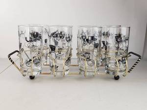 lot 87 image: Vintage Horse Carriage Highball Glasses w Metal Caddy