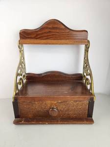 lot 101 image: Wood and Brass Shelf Organizer with Drawer and Ornamental Handles
