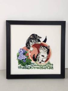 lot 104 image: Framed Embroidered Cat and Flower Wall Art with Black Frame