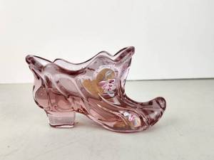 lot 109 image: Vintage Fenton Art Glass Purple Shoe Hand Painted & Signed