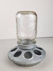 lot 122 image: Vintage Chicken Feeder w Small Mason Jar